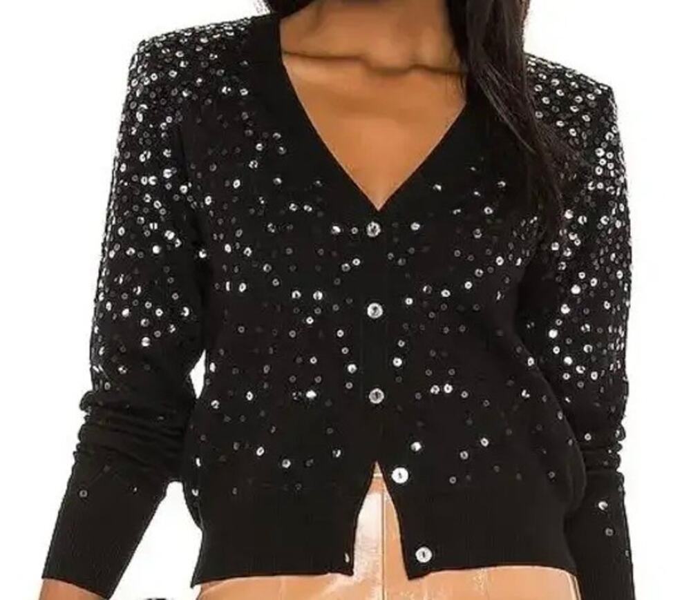 Cinq a Sept Nancy Black Sequin Cropped Wool Cardigan Sweater Party Glam - Small